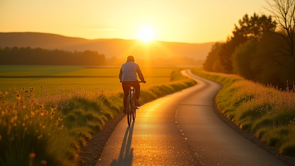 Sunny morning light on cycling path, shadows of trees, golden hour atmosphere, peaceful countryside