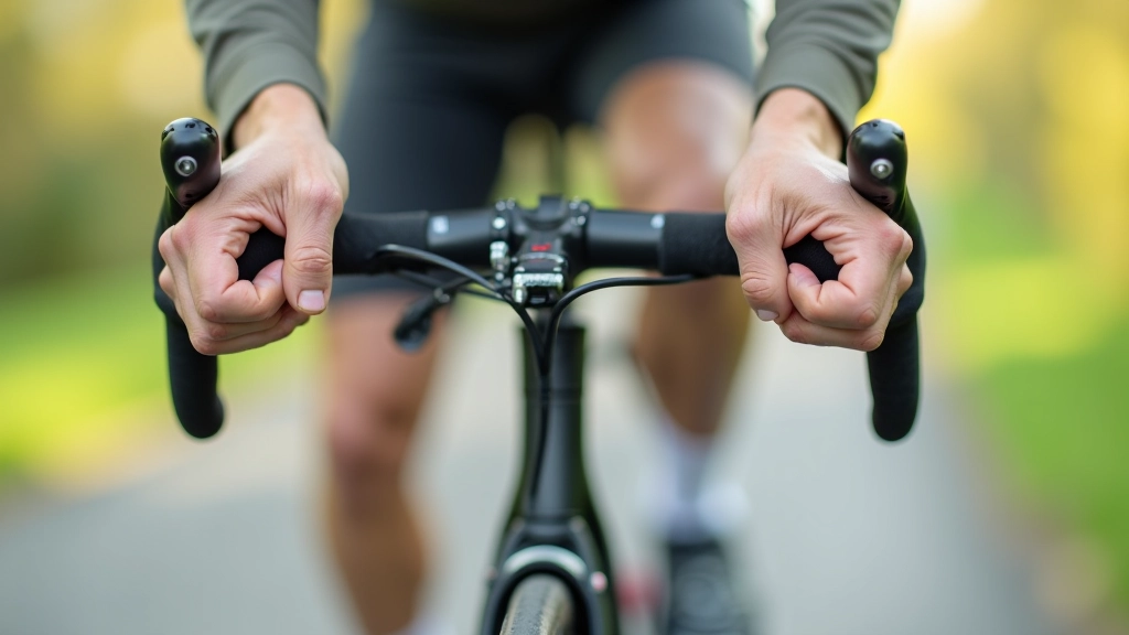 Close-up of cyclist's hands gripping handlebars with proper posture, demonstrating correct upper body position