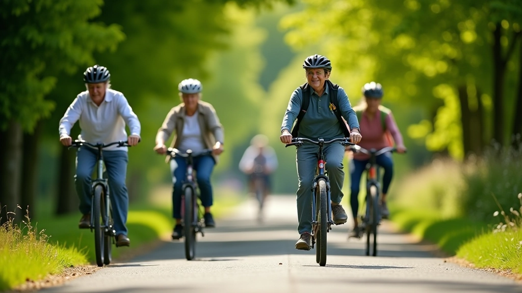 Group of senior cyclists chatting beside their bikes on a sunny flat pathway with trees