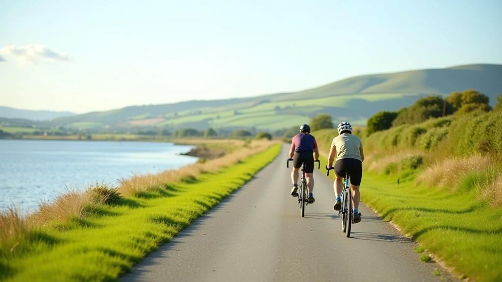 Peaceful flat cycling path alongside water with distant hills, perfect for senior cyclists at comfortable pace