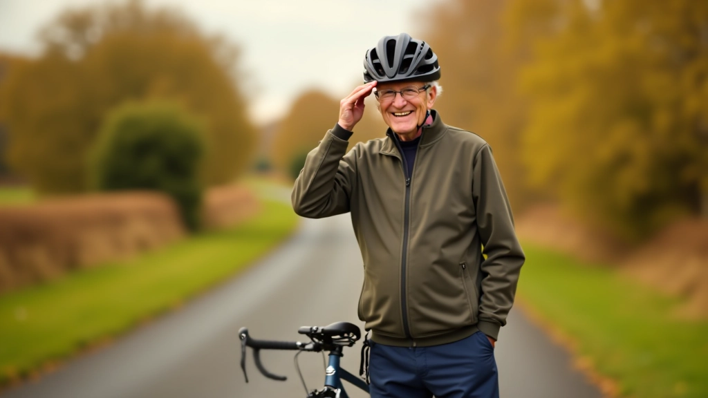 Older adult cyclist adjusting helmet before a comfortable ride on a flat path