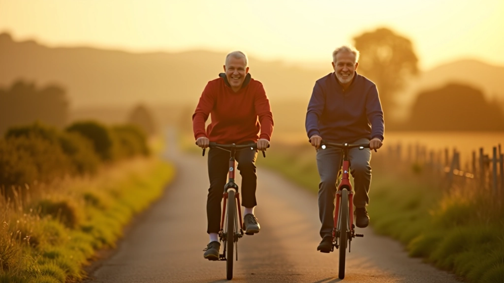 Senior cyclists enjoying flat cycling routes on country path