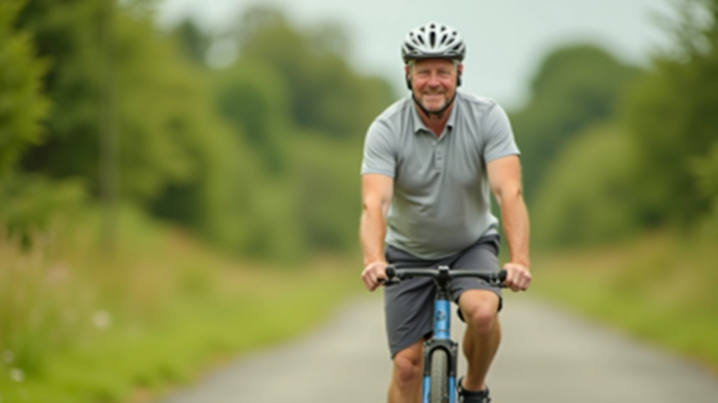 Senior man riding hybrid bicycle on a paved flat trail, wearing helmet and casual clothing, peaceful scenic route with trees